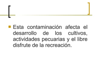  Esta contaminación afecta el
desarrollo de los cultivos,
actividades pecuarias y el libre
disfrute de la recreación.
 