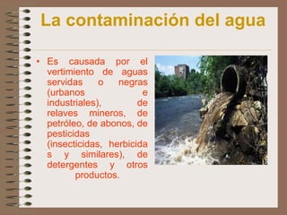La contaminación del agua

• Es causada por el
  vertimiento de aguas
  servidas     o   negras
  (urbanos               e
  industriales),        de
  relaves mineros, de
  petróleo, de abonos, de
  pesticidas
  (insecticidas, herbicida
  s y similares), de
  detergentes y otros
         productos.
 