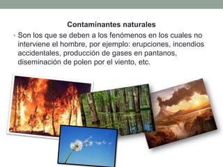 Contaminantes naturales
• Son los que se deben a los fenómenos en los cuales no
interviene el hombre, por ejemplo: erupciones, incendios
accidentales, producción de gases en pantanos,
diseminación de polen por el viento, etc.
 