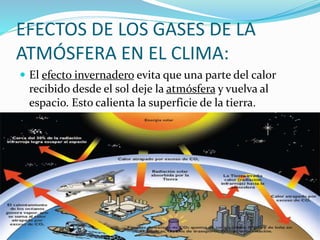 EFECTOS DE LOS GASES DE LA
ATMÓSFERA EN EL CLIMA:
 El efecto invernadero evita que una parte del calor
recibido desde el sol deje la atmósfera y vuelva al
espacio. Esto calienta la superficie de la tierra.
 