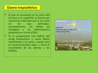 El que se encuentra en la zona más
cercana a la superficie se forma por
reacciones inducidas por la luz solar
en las que participan,
principalmente, los óxidos de
nitrógeno y los hidrocarburos
presentes en el aire (COV).
 Es el componente más dañino del
smog fotoquímico y causa daños
importantes a la salud, cuando está
en concentraciones altas, y frena el
crecimiento de las plantas y los
árboles.
Ozono troposférico
 