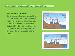 2.CARACTERÍSTICAS GEOGRÁFICAS Y TOPOGRÁFICAS
En las zonas costeras:
Se originan brisas que durante el
día desplazan los contaminantes
hacia el interior, mientras que
durante la noche al invertirse la
circulación de las mismas las
contaminación se desplaza hacia
el mar. Es un proceso diario y
cíclico.
 