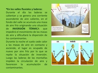 En los valles fluviales y laderas:
Durante el día las laderas se
calientan y se genera una corriente
ascendente de aire caliente, en el
fondo del valle se acumula una masa
de aire frío originando una situación
de INVERSIÓN TÉRMICA que
impedirá el movimiento de las masas
de aire y dificultará la dispersión de
los contaminantes.
Durante la noche el suelo cede calor
a las masas de aire en contacto y
asciende, el lugar es ocupado de
nuevo por aire frío por lo que se
repite la situación de inversión.
Luego las laderas de las montañas
impiden la circulación de aire y
favorecen la acumulación de
contaminantes.
 