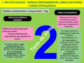 Su origen está en la
presencia de óxidos de
nitrógeno,
hidrocarburos y O2,
que reaccionan y
producen: ozono, PAN
y aldehídos (todas
ellas sustancias con
gran poder oxidante).
La situación
atmosférica es:
presencia de radiación
solar UV, poco viento y
anticiclón.
Neblina de color pardo-gris
sobre la ciudad.
Produce alteraciones
respiratorias que agravan el
asma.
Su origen está en: altas
concentraciones de
partículas en suspensión,
de SO2 y CO combinados
con una situación
atmosférica de alta
humedad relativa, vientos
en calma y anticiclón.
Nieblas contaminantes o smog (smoke + fog)
2
Tipos
de
sm
og
SMOG SULFUROSO O
HÚMEDO
SMOG FOTOQUÍMICO
Presencia de bruma y
formación de ozono.
Produce irritación ocular,
daños en la vegetación y
materiales.
1. EFECTOS LOCALES. NIEBLAS CONTAMINANTES: SMOG SULFUROSO
Y SMOG FOTOQUÍMICO
 