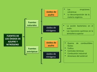 FUENTES DE
LOS ÓXIDOS DE
AZUFRE Y
NITRÓGENO
Fuentes
naturales
óxidos de
azufre
óxidos de
nitrógeno
 Las erupciones
volcánicas
 La descomposición de la
materia orgánica.
 La acción bacteriana en el
suelo.
 Las reacciones químicas en la
atmósfera superior
Fuentes
antrópicas
óxidos de
azufre
óxidos de
nitrógeno
 Quema de combustibles
fósiles
 Tráfico
 Centrales térmicas
 Combustión industrial
 Amoniaco del estiércol
 