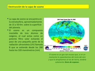  La capa de ozono se encuentra en
la estratosfera, aproximadamente
de 15 a 50 Km. sobre la superficie
del planeta.
 El ozono es un compuesto
inestable de tres átomos de
oxígeno, el cual actúa como un
potente filtro solar evitando el
paso de una pequeña parte de la
radiación ultravioleta (UV) llamada
B que se extiende desde los 280
hasta los 320 manómetros (nm)
Destrucción de la capa de ozono
El ozono es un gas tan escaso que, si en un
momento lo separásemos del resto del aire
y que lo atrajésemos al ras de tierra, tendría
solamente 3mm de espesor.
 