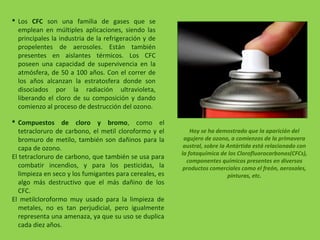  Los CFC son una familia de gases que se
emplean en múltiples aplicaciones, siendo las
principales la industria de la refrigeración y de
propelentes de aerosoles. Están también
presentes en aislantes térmicos. Los CFC
poseen una capacidad de supervivencia en la
atmósfera, de 50 a 100 años. Con el correr de
los años alcanzan la estratosfera donde son
disociados por la radiación ultravioleta,
liberando el cloro de su composición y dando
comienzo al proceso de destrucción del ozono.
Hoy se ha demostrado que la aparición del
agujero de ozono, a comienzos de la primavera
austral, sobre la Antártida está relacionado con
la fotoquímica de los Clorofluorocarbonos(CFCs),
componentes químicos presentes en diversos
productos comerciales como el freón, aerosoles,
pinturas, etc.
 Compuestos de cloro y bromo, como el
tetracloruro de carbono, el metil cloroformo y el
bromuro de metilo, también son dañinos para la
capa de ozono.
El tetracloruro de carbono, que también se usa para
combatir incendios, y para los pesticidas, la
limpieza en seco y los fumigantes para cereales, es
algo más destructivo que el más dañino de los
CFC.
El metilcloroformo muy usado para la limpieza de
metales, no es tan perjudicial, pero igualmente
representa una amenaza, ya que su uso se duplica
cada diez años.
 