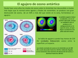 El agujero de ozono antártico
Desde hace unos años los niveles de ozono sobre la Antártida han descendido a niveles
más bajos que lo normal entre agosto y finales de noviembre. se produce una gran
destrucción de ozono, de un 50% o más del que existe en la zona, formándose un
agujero.
Se habla de agujero cuando hay menos de 220
DU (unidades Dobsosn)de ozono entre la
superficie y el espacio.
La palabra agujero induce
a confusión, y no es un
nombre adecuado, porque
en realidad lo que se
produce es un
adelgazamiento en la
capa de ozono, sin que
llegue a producirse una
falta total del mismo.
Los niveles normales de ozono en la Antártida son de 300
DU y suele descender hasta las 150 DU, habiendo llegado,
en los momentos más extremos de destrucción de ozono, a
disminuir hasta las 100 DU.
 