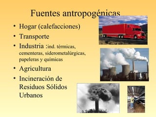 Fuentes antropogénicas
• Hogar (calefacciones)
• Transporte
• Industria :ind. térmicas,
cementeras, siderometalúrgicas,
papeleras y químicas
• Agricultura
• Incineración de
Residuos Sólidos
Urbanos
 