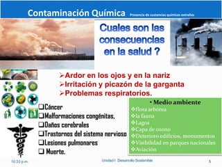 Contaminación Química                      Presencia de sustancias químicas extrañas




                    Ardor en los ojos y en la nariz
                    Irritación y picazón de la garganta
                    Problemas respiratorios.
                                                                • Medio ambiente
             Cáncer                                 flora arbórea
             Malformaciones congénitas,             la fauna
                                                     Lagos
             Daños cerebrales
                                                     Capa de ozono
             Trastornos del sistema nervioso        Deterioro edificios, monumentos
             Lesiones pulmonares                    Visibilidad en parques nacionales
                                                     Aviación
              Muerte.
10:33 p.m.                          Unidad I Desarrollo Sostenible                              5
 