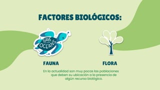 En la actualidad son muy pocas las poblaciones
que deben su ubicación a la presencia de
algún recurso biológico.
FACTORES BIOLÓGICOS:
FAUNA FLORA
 