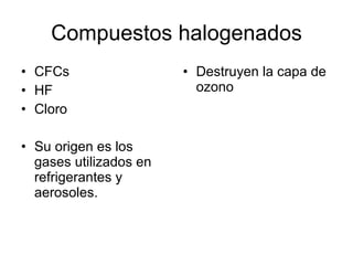 Compuestos halogenados CFCs HF Cloro Su origen es los gases utilizados en refrigerantes y aerosoles. Destruyen la capa de ozono 
