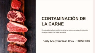 CONTAMINACIÓN DE
LA CARNE
Descubre los peligros ocultos en la carne que consumes y cómo puedes
proteger tu salud y el medio ambiente.
Kesly Anely Curacan Chay - 202241886
 
