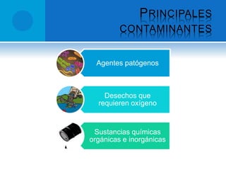 PRINCIPALES
CONTAMINANTES
Agentes patógenos
Desechos que
requieren oxígeno
Sustancias químicas
orgánicas e inorgánicas
 