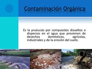 Contaminación Orgánica
Es la producida por compuestos disueltos o
dispersos en el agua que provienen de
desechos domésticos, agrícolas,
industriales y de la erosión del suelo.
 