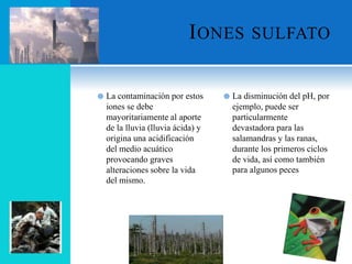 IONES SULFATO
 La contaminación por estos
iones se debe
mayoritariamente al aporte
de la lluvia (lluvia ácida) y
origina una acidificación
del medio acuático
provocando graves
alteraciones sobre la vida
del mismo.
 La disminución del pH, por
ejemplo, puede ser
particularmente
devastadora para las
salamandras y las ranas,
durante los primeros ciclos
de vida, así como también
para algunos peces
 