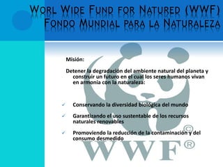 WORL WIDE FUND FOR NATURED (WWF)
FONDO MUNDIAL PARA LA NATURALEZA
Misión:
Detener la degradación del ambiente natural del planeta y
construir un futuro en el cual los seres humanos vivan
en armonía con la naturaleza:
 Conservando la diversidad biológica del mundo
 Garantizando el uso sustentable de los recursos
naturales renovables
 Promoviendo la reducción de la contaminación y del
consumo desmedido
 