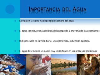 IMPORTANCIA DEL AGUA
 La vida en la Tierra ha dependido siempre del agua
 El agua constituye más del 80% del cuerpo de la mayoría de los organismos
 Indispensable en la vida diaria: uso doméstico, industrial, agrícola.
 El agua desempeña un papel muy importante en los procesos geológicos
 