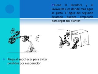  Riega al anochecer para evitar
pérdidas por evaporación
Llena la lavadora y el
lavavajillas, es donde más agua
se gasta. El agua del segundo
aclarado puedes emplearla
para regar tus plantas
 
