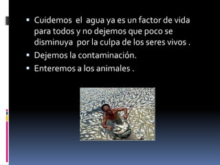  Cuidemos el agua ya es un factor de vida
para todos y no dejemos que poco se
disminuya por la culpa de los seres vivos .
Dejemos la contaminación.
Enteremos a los animales .