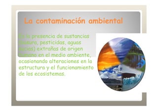 La contaminación ambientalLa contaminación ambiental
Es la presencia de sustancias
(basura, pesticidas, aguas
sucias) extrañas de origen
humano en el medio ambiente,humano en el medio ambiente,
ocasionando alteraciones en la
estructura y el funcionamiento
de los ecosistemas.
 