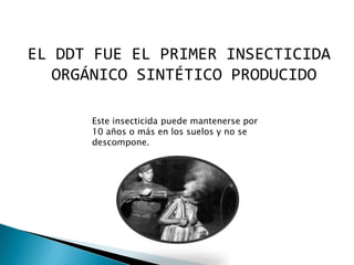 EL DDT FUE EL PRIMER INSECTICIDA
   ORGÁNICO SINTÉTICO PRODUCIDO

      Este insecticida puede mantenerse por
      10 años o más en los suelos y no se
      descompone.
 