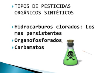  TIPOSDE PESTICIDAS
 ORGÁNICOS SINTÉTICOS

 Hidrocarburos clorados: Los
  mas persistentes
 Organofosforados
 Carbamatos
 