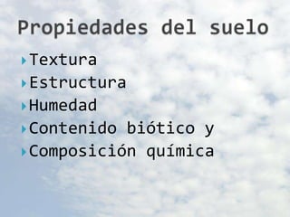  Textura
 Estructura
 Humedad
 Contenido biótico y
 Composición química
 