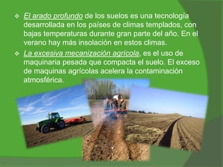 



El arado profundo de los suelos es una tecnología
desarrollada en los países de climas templados, con
bajas temperaturas durante gran parte del año. En el
verano hay más insolación en estos climas.
La excesiva mecanización agrícola, es el uso de
maquinaria pesada que compacta el suelo. El exceso
de maquinas agrícolas acelera la contaminación
atmosférica.

 