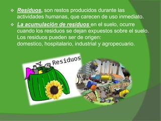 


Residuos, son restos producidos durante las
actividades humanas, que carecen de uso inmediato.
La acumulación de residuos en el suelo, ocurre
cuando los residuos se dejan expuestos sobre el suelo.
Los residuos pueden ser de origen:
domestico, hospitalario, industrial y agropecuario.

 