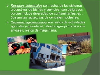 



Residuos industriales son restos de los sistemas
productivos de bienes y servicios, son peligrosos
porque incluye diversidad de contaminantes, ej. :
Sustancias radiactivas de centrales nucleares.
Residuos agropecuarios son restos de actividades
agrícolas y ganaderas, abarca agroquímicos y sus
envases, restos de maquinaria.

 