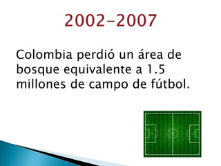Colombia perdió un área de
bosque equivalente a 1.5
millones de campo de fútbol.
 
