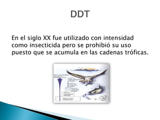 En el siglo XX fue utilizado con intensidad
como insecticida pero se prohibió su uso
puesto que se acumula en las cadenas tróficas.
 