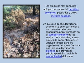 Los químicos más comunes incluyen derivados del petróleo, solventes, pesticidas y otros metales pesados.Un suelo se puede degradar al acumularse en él sustancias a unos niveles tales que repercuten negativamente en el comportamiento de los suelos. Las sustancias, a esos niveles de concentración, se vuelven tóxicas para los organismos del suelo. Se trata pues de una degradación química que provoca la pérdida parcial o total de la productividad del suelo.