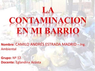 Nombre: CAMILO ANDRÉS ESTRADA MADRID – Ing.
Ambiental
Grupo: Nº 12
Docente: Eglandina Acosta
 