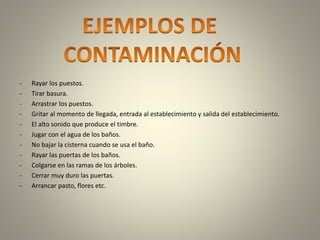 - Rayar los puestos. 
- Tirar basura. 
- Arrastrar los puestos. 
- Gritar al momento de llegada, entrada al establecimiento y salida del establecimiento. 
- El alto sonido que produce el timbre. 
- Jugar con el agua de los baños. 
- No bajar la cisterna cuando se usa el baño. 
- Rayar las puertas de los baños. 
- Colgarse en las ramas de los árboles. 
- Cerrar muy duro las puertas. 
- Arrancar pasto, flores etc. 
 