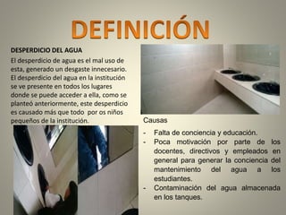 DESPERDICIO DEL AGUA 
El desperdicio de agua es el mal uso de 
esta, generado un desgaste innecesario. 
El desperdicio del agua en la institución 
se ve presente en todos los lugares 
donde se puede acceder a ella, como se 
planteó anteriormente, este desperdicio 
es causado más que todo por os niños 
pequeños de la institución. Causas 
- Falta de conciencia y educación. 
- Poca motivación por parte de los 
docentes, directivos y empleados en 
general para generar la conciencia del 
mantenimiento del agua a los 
estudiantes. 
- Contaminación del agua almacenada 
en los tanques. 
 