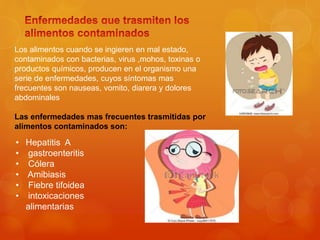Los alimentos cuando se ingieren en mal estado,
contaminados con bacterias, virus ,mohos, toxinas o
productos químicos, producen en el organismo una
serie de enfermedades, cuyos síntomas mas
frecuentes son nauseas, vomito, diarera y dolores
abdominales
Las enfermedades mas frecuentes trasmitidas por
alimentos contaminados son:
• Hepatitis A
• gastroenteritis
• Cólera
• Amibiasis
• Fiebre tifoidea
• intoxicaciones
alimentarias
 