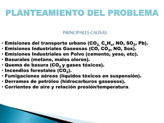 • Emisiones del transporte urbano (CO2, CnHn, NO, SO2, Pb).
• Emisiones Industriales Gaseosas (CO, CO2, NO, Sox).
• Emisiones Industriales en Polvo (cemento, yeso, etc).
• Basurales (metano, malos olores).
• Quema de basura (CO2 y gases tóxicos).
• Incendios forestales (CO2).
• Fumigaciones aéreas (líquidos tóxicos en suspensión).
• Derrames de petróleo (hidrocarburos gaseosos).
• Corrientes de aire y relación presión/temperatura.
 