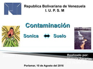 Republica Bolivariana de Venezuela
I. U. P. S. M
Realizado por:
Victoria Zacarías
CI: 25.967.171
Sección 1 “C”
Porlamar, 10 de Agosto del 2016
ContaminaciónContaminación
SueloSueloSonicaSonica
 