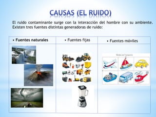 El ruido contaminante surge con la interacción del hombre con su ambiente. 
Existen tres fuentes distintas generadoras de ruido: 
• Fuentes naturales • Fuentes fijas • Fuentes móviles 
 