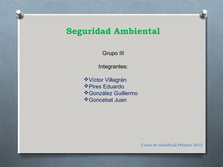 Seguridad Ambiental

         Grupo III

        Integrantes:

   Víctor Villagrán
   Pires Eduardo
   González Guillermo
   Goncebat Juan




                         Curso de Suboficial Primero 2013
 