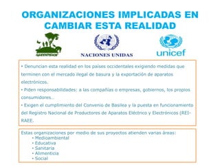 ORGANIZACIONES IMPLICADAS EN
   CAMBIAR ESTA REALIDAD



• Denuncian esta realidad en los países occidentales exigiendo medidas que
terminen con el mercado ilegal de basura y la exportación de aparatos
electrónicos.
• Piden responsabilidades: a las compañías o empresas, gobiernos, los propios
consumidores…
• Exigen el cumplimiento del Convenio de Basilea y la puesta en funcionamiento
del Registro Nacional de Productores de Aparatos Eléctrico y Electrónicos (REI-
RAEE.

Estas organizaciones por medio de sus proyectos atienden varias áreas:
     • Medioambiental
     • Educativa
     • Sanitaria
     • Alimenticia
     • Social
 