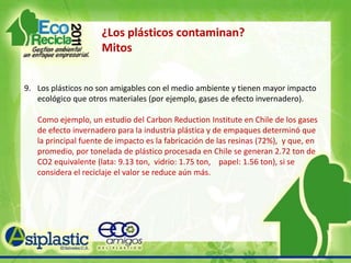 ¿Los plásticos  contaminan? <br />Mitos y realidades<br />Dado que los plásticos en general son materiales inertes y <br /...