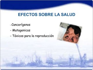 EFECTOS SOBRE LA SALUD 
- Cancerígenos 
- Mutagenicos 
- Tóxicos para la reproducción 
 