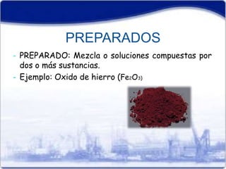PREPARADOS 
- PREPARADO: Mezcla o soluciones compuestas por 
dos o más sustancias. 
- Ejemplo: Oxido de hierro (Fe2O3) 
 