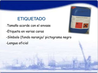 ETIQUETADO 
-Tamaño acorde con el envase 
-Etiqueta en varias caras 
-Símbolo (fondo naranja/ pictograma negro 
-Lengua oficial 
 