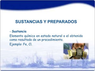 SUSTANCIAS Y PREPARADOS 
- Sustancia 
Elemento químico en estado natural o el obtenido 
como resultado de un procedimiento. 
Ejemplo: Fe, Cl. 
 