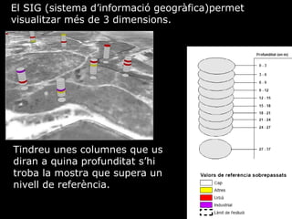 El SIG (sistema dinformaci geogrfica)permet visualitzar ms de 3 dimensions.  Tindreu unes columnes que us diran a quina profunditat shi troba la mostra que supera un nivell de referncia. 