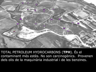TOTAL PETROLEUM HYDROCARBONS ( TPH ). ?s el contaminant ms ests. No son carcinognics.  Provenen dels olis de la maquinria industrial i de les benzines. 